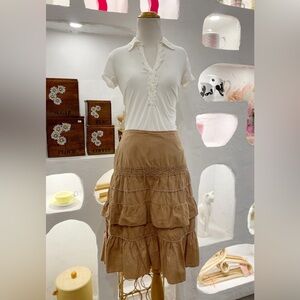 Vintage Y2K Khaki Brown Tiered Ruffle A-Line Cotton Midi Skirt with Lace Detail